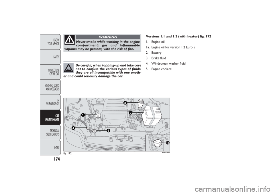 FIAT PANDA 2009 169 / 2.G Owners Manual fig. 172
F0Z0700m
Never smoke while working in the engine
compartment: gas and inflammable
vapours may be present, with the risk of fire. 
WARNING
Be careful, when topping-up and take care
not to conf