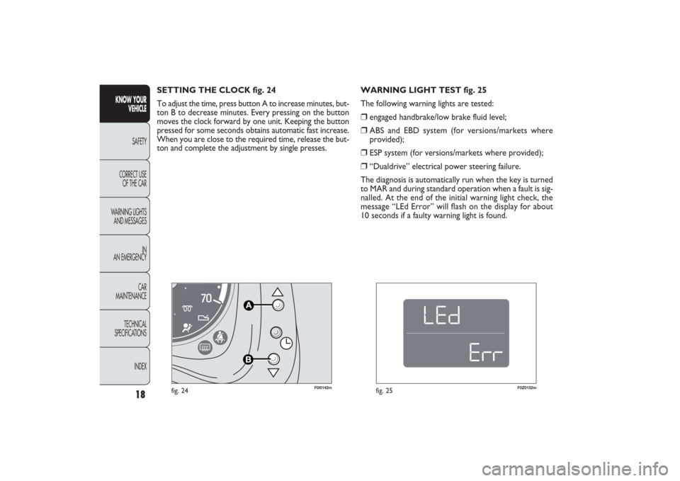 FIAT PANDA 2009 169 / 2.G Owners Manual 18
KNOW YOUR 
VEHICLE
SAFETY
CORRECT USE 
OF THE CAR
WARNING LIGHTS
AND MESSAGES
IN
AN EMERGENCY
CAR
MAINTENANCE
TECHNICAL
SPECIFICATIONS
INDEX
F0I0142m
fig. 24
F0Z0152m
fig. 25
WARNING LIGHT TEST fig