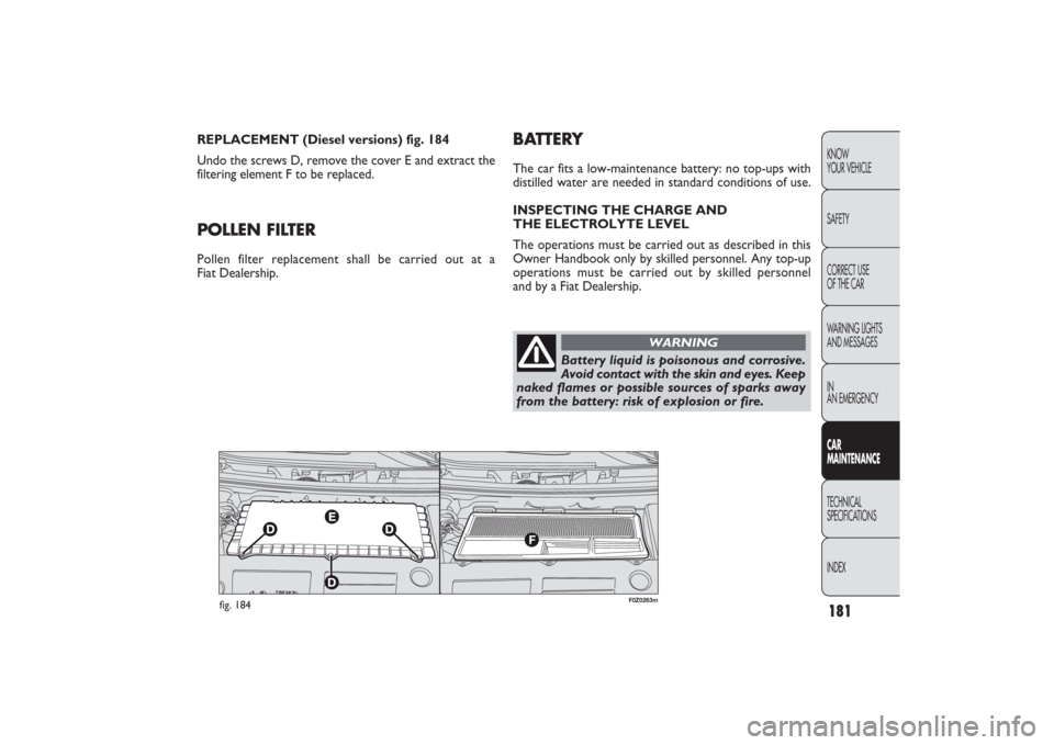 FIAT PANDA 2009 169 / 2.G Owners Manual 181KNOW
YOUR VEHICLE
SAFETY
CORRECT USE
OF THE CAR
WARNING LIGHTS
AND MESSAGES
IN
AN EMERGENCYCAR
MAINTENANCETECHNICAL
SPECIFICATIONS
INDEX
fig. 184
BATTERYThe car fits a low-maintenance battery: no FIAT PANDA 2009 169 / 2.G Owners Manual 181KNOW
YOUR VEHICLE
SAFETY
CORRECT USE
OF THE CAR
WARNING LIGHTS
AND MESSAGES
IN
AN EMERGENCYCAR
MAINTENANCETECHNICAL
SPECIFICATIONS
INDEX
fig. 184
BATTERYThe car fits a low-maintenance battery: no
