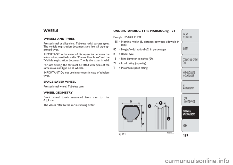 FIAT PANDA 2009 169 / 2.G Owners Manual 197KNOW
YOUR VEHICLE
SAFETY
CORRECT USE OF THE
CAR
WARNING LIGHTS
AND MESSAGES
IN
AN EMERGENCY
CAR
MAINTENANCETECHNICAL
SPECIFICATIONSINDEX
F0Z0111m
fig. 194
UNDERSTANDING TYRE MARKING fig. 194Example