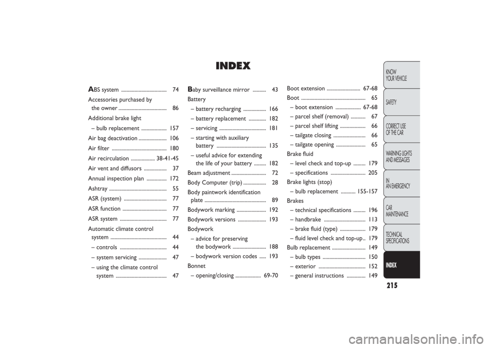 FIAT PANDA 2009 169 / 2.G Owners Manual 215KNOW
YOUR VEHICLE
SAFETY
CORRECT USE 
OF THE CAR
WARNING LIGHTS
AND MESSAGES
IN
AN EMERGENCY
CAR
MAINTENANCE
TECHNICAL
SPECIFICATIONSINDEX
Baby surveillance mirror  .......... 43
Battery
– batter