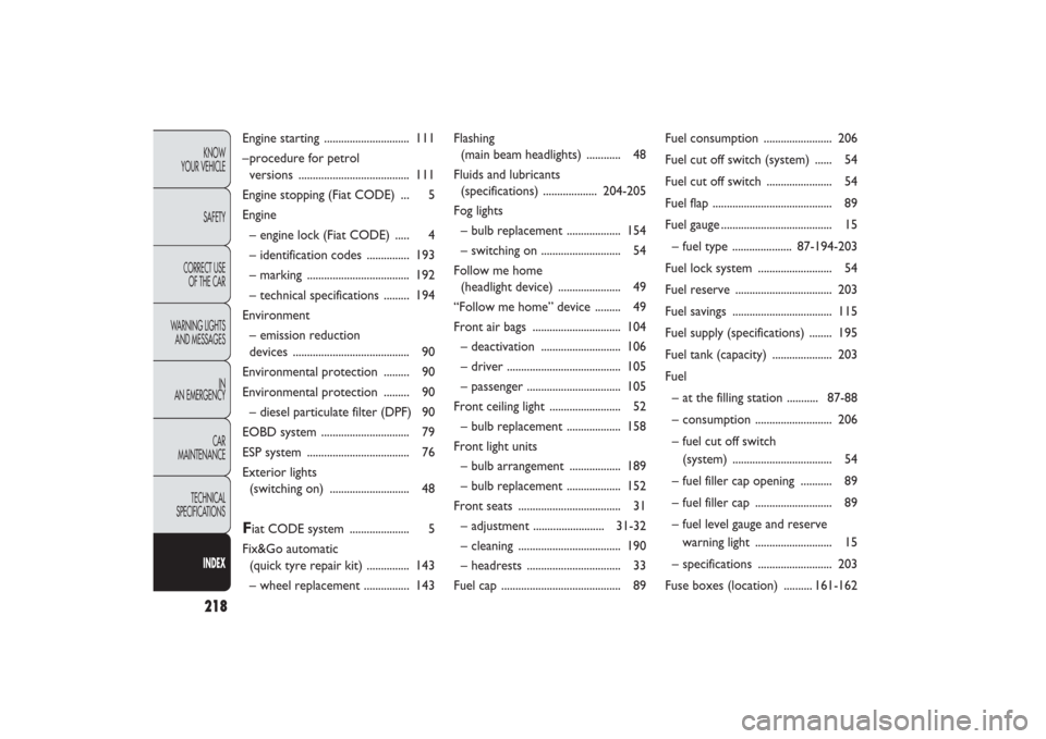 FIAT PANDA 2009 169 / 2.G Owners Manual 218KNOW
YOUR VEHICLE
SAFETY
CORRECT USE 
OF THE CAR
WARNING LIGHTS
AND MESSAGES
IN
AN EMERGENCY
CAR
MAINTENANCE
TECHNICAL
SPECIFICATIONSINDEX
Engine starting  .............................. 111
–pro