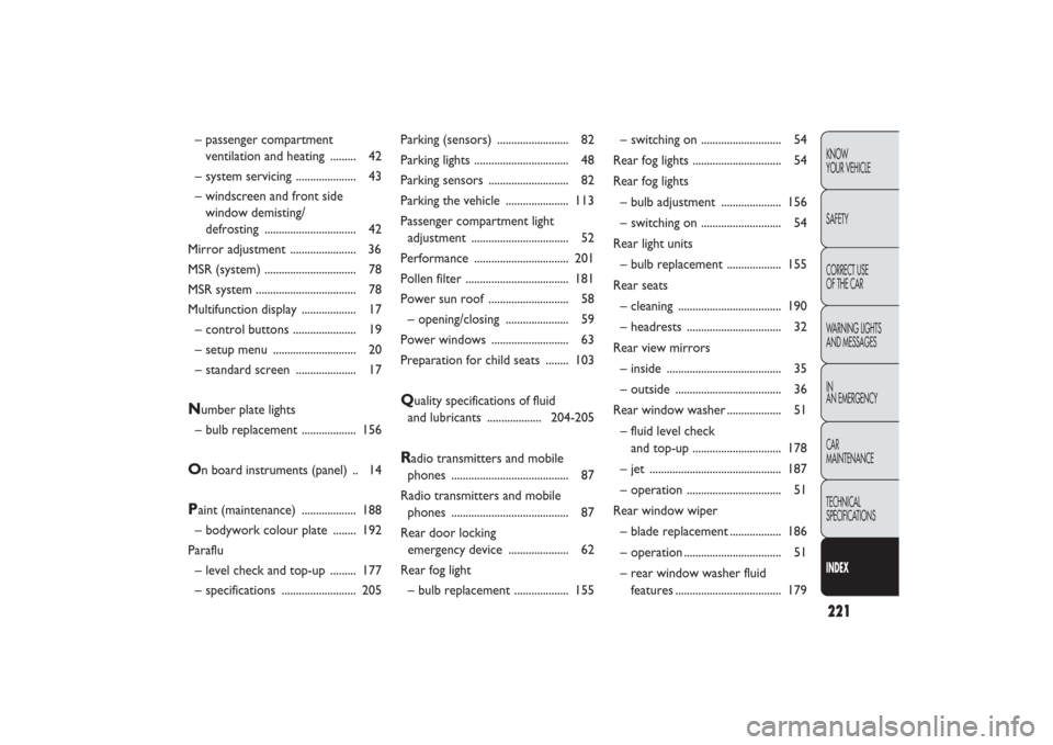 FIAT PANDA 2009 169 / 2.G Owners Manual 221KNOW
YOUR VEHICLE
SAFETY
CORRECT USE 
OF THE CAR
WARNING LIGHTS
AND MESSAGES
IN
AN EMERGENCY
CAR
MAINTENANCE
TECHNICAL
SPECIFICATIONSINDEX
– passenger compartment
ventilation and heating  .......