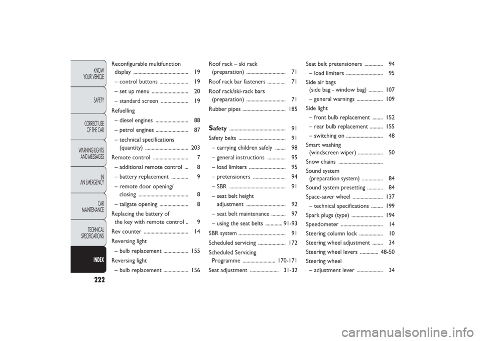 FIAT PANDA 2009 169 / 2.G Owners Manual Reconfigurable multifunction 
display .......................................... 19
– control buttons ...................... 19
– set up menu  ............................ 20
– standard screen  