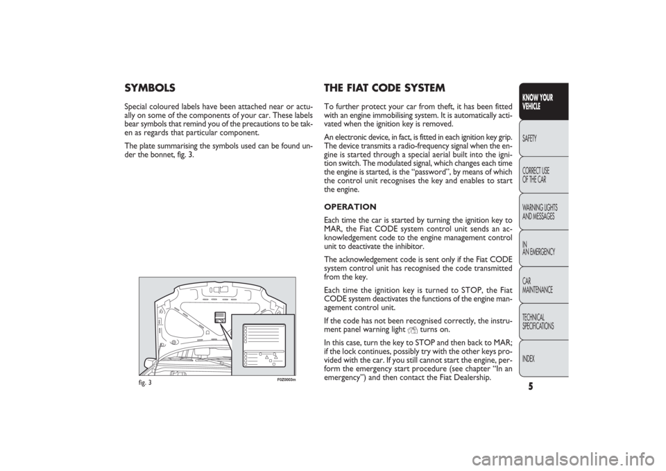 FIAT PANDA 2009 169 / 2.G Owners Manual 5KNOW YOUR 
VEHICLESAFETY
CORRECT USE 
OF THE CAR
WARNING LIGHTS
AND MESSAGES
IN
AN EMERGENCY
CAR
MAINTENANCE
TECHNICAL
SPECIFICATIONS
INDEX
F0Z0003m
fig. 3
THE FIAT CODE SYSTEMTo further protect your