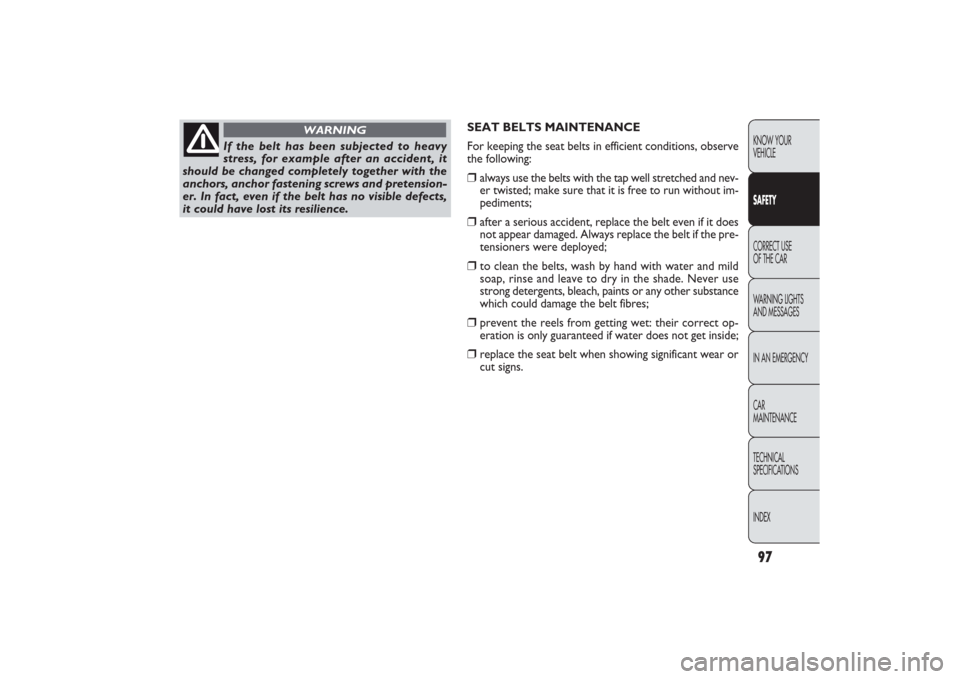 FIAT PANDA 2009 169 / 2.G Owners Manual 97KNOW YOUR 
VEHICLESAFETYCORRECT USE 
OF THE CAR
WARNING LIGHTS
AND MESSAGES
IN AN EMERGENCY
CAR
MAINTENANCE
TECHNICAL
SPECIFICATIONS
INDEX
SEAT BELTS MAINTENANCE
For keeping the seat belts in effici