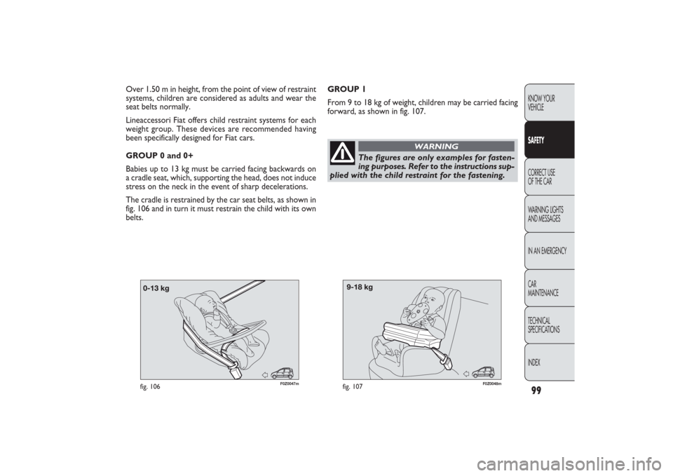 FIAT PANDA 2009 169 / 2.G Owners Manual 99KNOW YOUR 
VEHICLESAFETYCORRECT USE 
OF THE CAR
WARNING LIGHTS
AND MESSAGES
IN AN EMERGENCY
CAR
MAINTENANCE
TECHNICAL
SPECIFICATIONS
INDEX
F0Z0047m
fig. 106
F0Z0048m
fig. 107
GROUP 1 
From 9 to 18 k