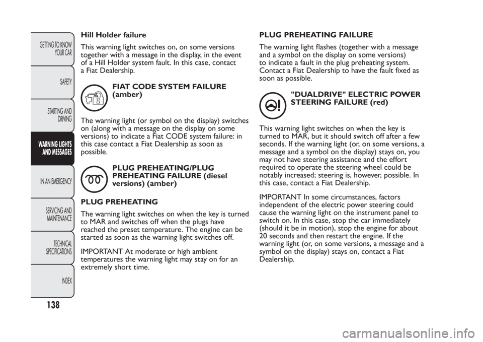 FIAT PANDA 2013 319 / 3.G Owners Manual Hill Holder failure
This warning light switches on, on some versions
together with a message in the display, in the event
of a Hill Holder system fault. In this case, contact
a Fiat Dealership.
FIAT C