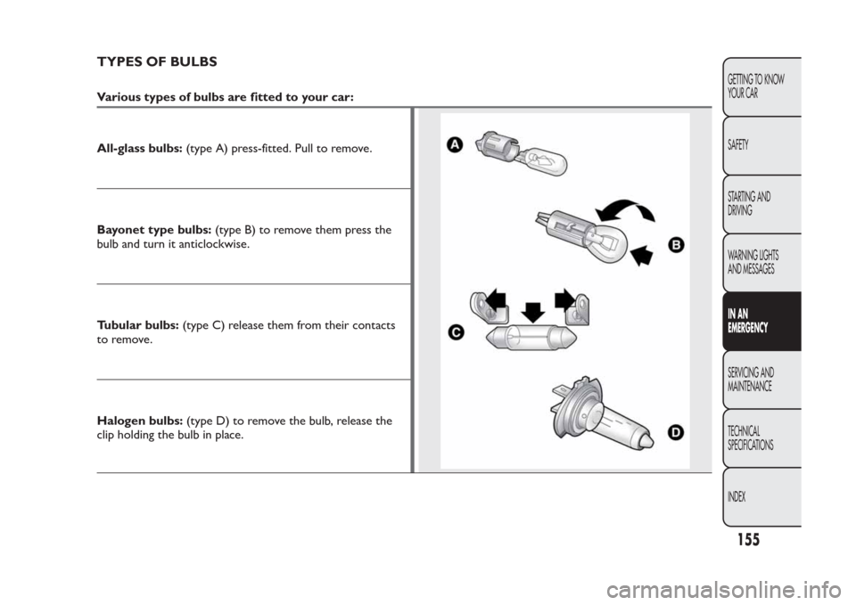 FIAT PANDA 2013 319 / 3.G Owners Manual TYPES OF BULBSVarious types of bulbs are fitted to your car:
All-glass bulbs:(type A) press-fitted. Pull to remove.Bayonet type bulbs:(type B) to remove them press the
bulb and turn it anticlockwise.
