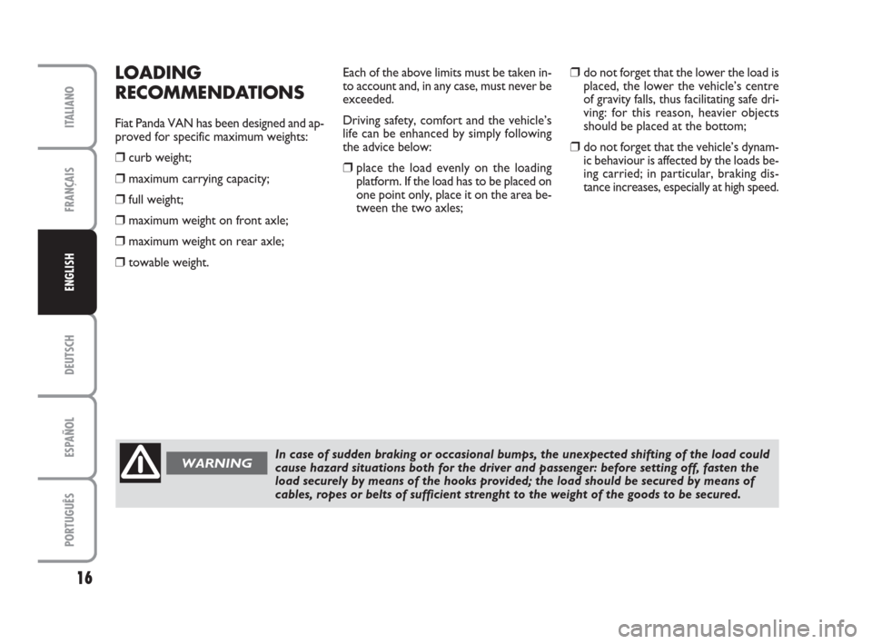 FIAT PANDA VAN 2009 169 / 2.G Supplement Manual DEUTSCH
ESPAÑOL
PORTUGUÊS
16
FRANÇAIS
ITALIANO
ENGLISH
LOADING
RECOMMENDATIONS
Fiat Panda VAN has been designed and ap-
proved for specific maximum weights:
❒curb weight;
❒maximum carrying capa FIAT PANDA VAN 2009 169 / 2.G Supplement Manual DEUTSCH
ESPAÑOL
PORTUGUÊS
16
FRANÇAIS
ITALIANO
ENGLISH
LOADING
RECOMMENDATIONS
Fiat Panda VAN has been designed and ap-
proved for specific maximum weights:
❒curb weight;
❒maximum carrying capa