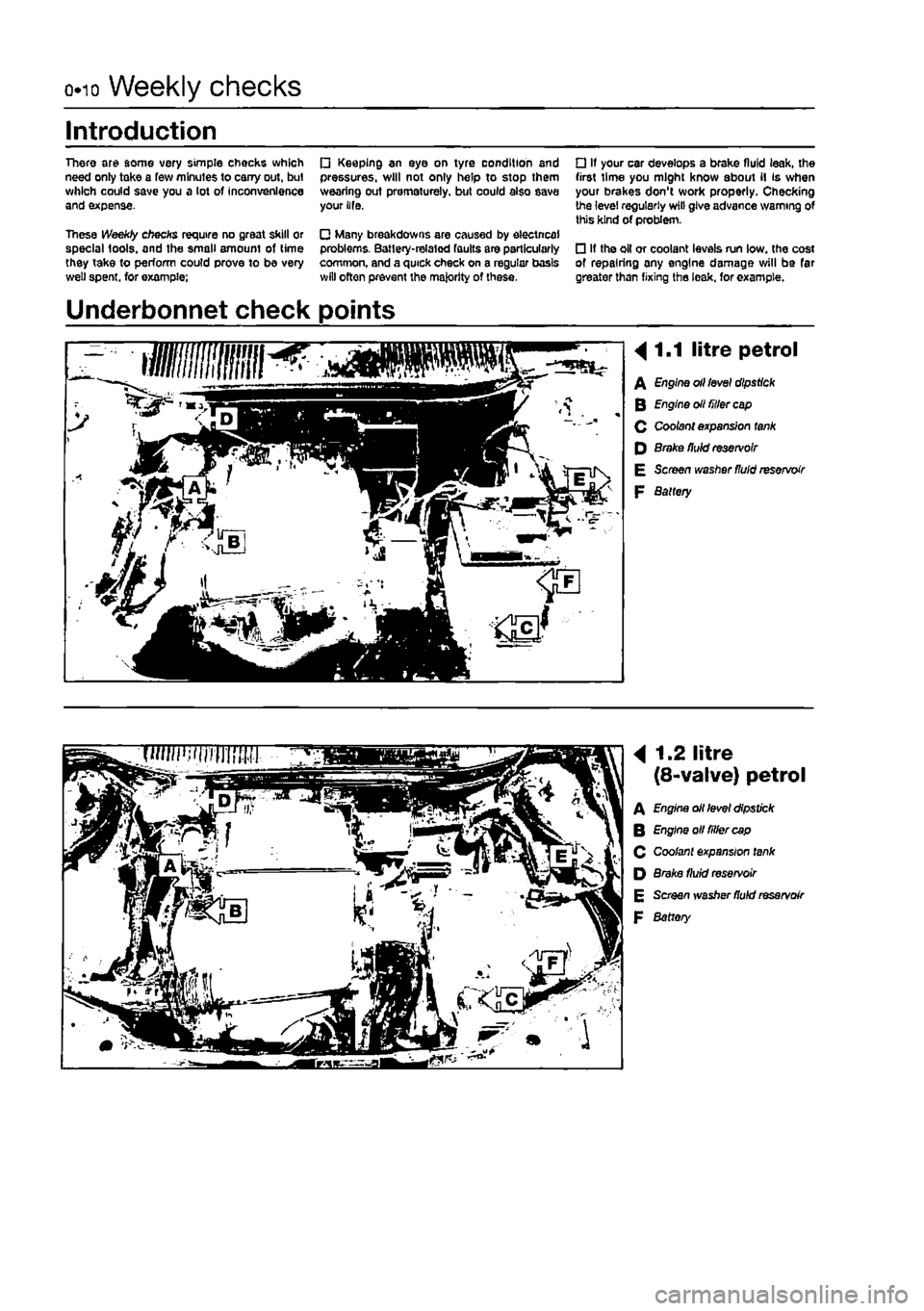 FIAT PUNTO 1999 176 / 1.G User Guide 
do Weekly checks 
Introduction 
There are some very simple checks which need only take a few minutes to carry out, but which could save you a lot of inconvenience and expense. 
These Weekly checks re