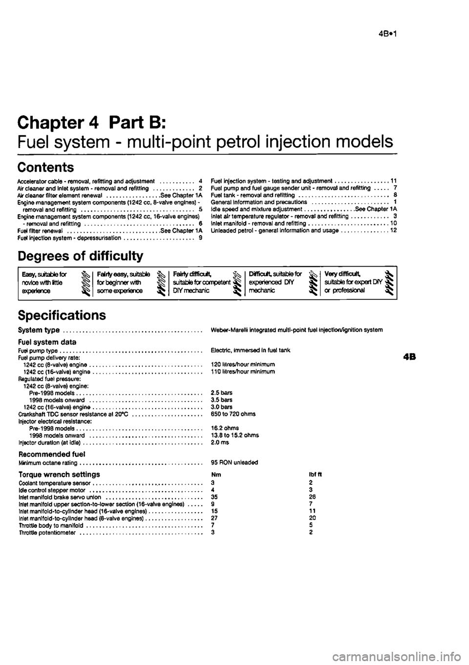 FIAT PUNTO 1995 176 / 1.G Owners Guide
4B*1
Chapter 4 Part B:
Fuel system - multi-point petrol injection models
Contents
Accelerator cable - removal, refitting and adjustment 4 Air cleaner and Inlet system • removal and refitting 2 FIAT PUNTO 1995 176 / 1.G Owners Guide
4B*1
Chapter 4 Part B:
Fuel system - multi-point petrol injection models
Contents
Accelerator cable - removal, refitting and adjustment 4 Air cleaner and Inlet system • removal and refitting 2