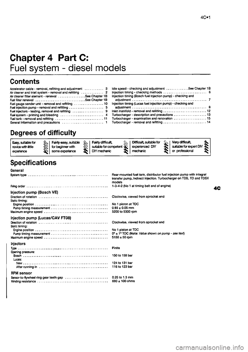 FIAT PUNTO 1995 176 / 1.G Workshop Manual 
4C»1 
Chapter 4 PartC: 
Fuel system - diesel models 
Contents 
Accelerator cable • removal, refitting and adjustment 3 Air cleaner and inlet system • removal and refitting 2 
AJr
 cleaner filter