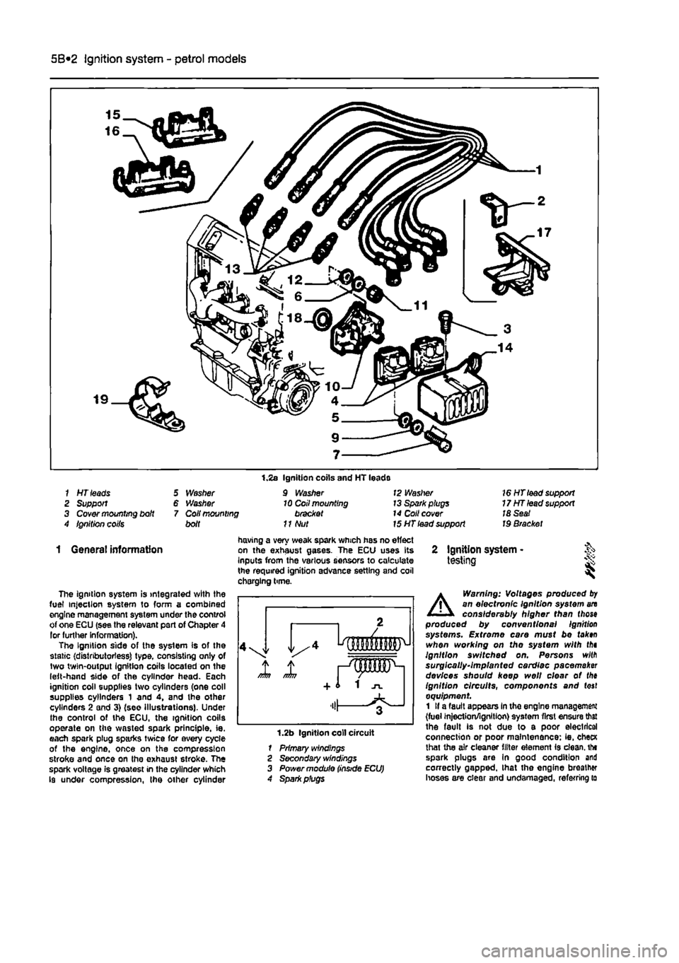 FIAT PUNTO 1995 176 / 1.G Workshop Manual 
5B*2 Ignition system - petrol models 
1 HT leads 2 Support 3 Cover mounting bdt 4 Ignition coifs 
5 Washer 6 Washer 7 Coil mounting bolt 
1.2s Ignition coils and HT leads 9 Washer 10 Coil mounting br