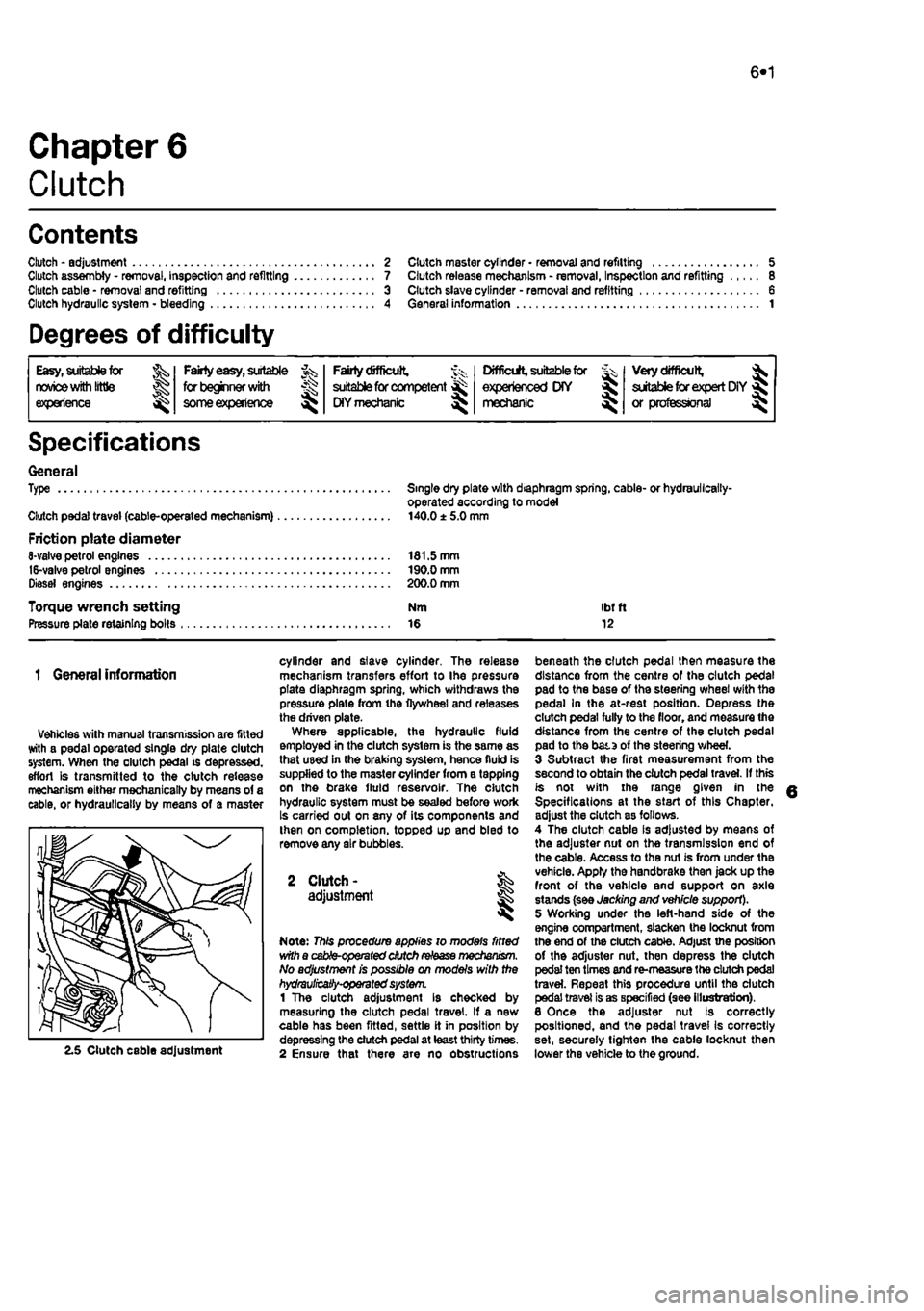 FIAT PUNTO 1994 176 / 1.G Owners Manual 
6*1 
Chapter 6 
Clutch 
Contents 
Clutch - adjustment Clutch assembly - removal, inspection and refitting Clutch cable • removal and refitting Clutch hydraulic system - bleeding 
Degrees of difficu