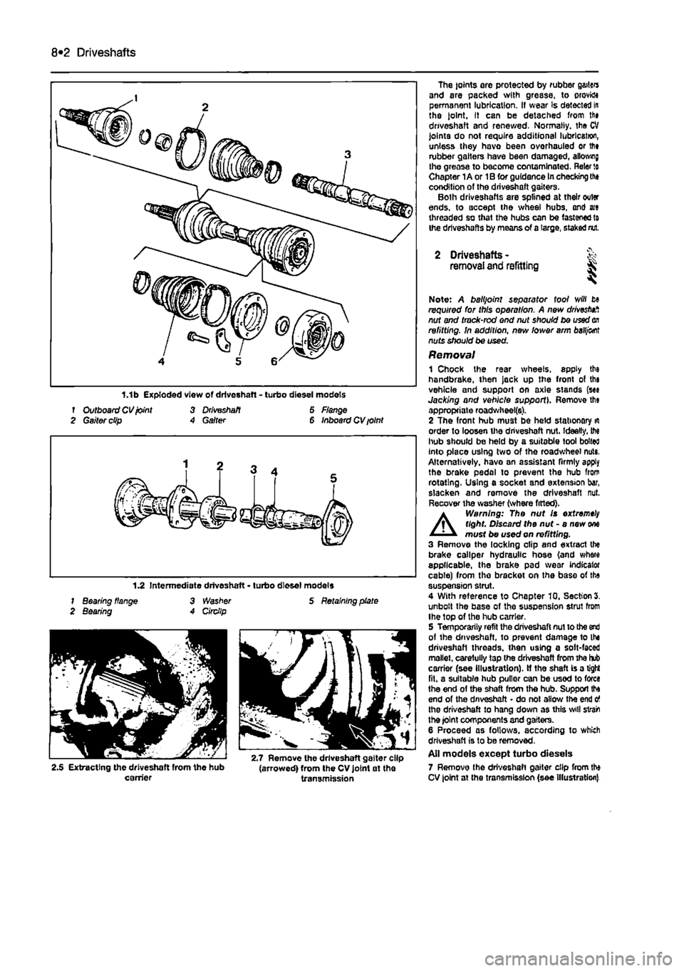 FIAT PUNTO 1994 176 / 1.G Owners Guide 
8*2 Driveshafts 
f Outboard CV joint 3 Driveshaft 6 Flange 2 Gaiter clip A Garter 6 Inboard CV ioint 
1.2 Intermediate driveshaft • turbo diesel models 1 Bearing flange 3 Washer S Retaining plate 2