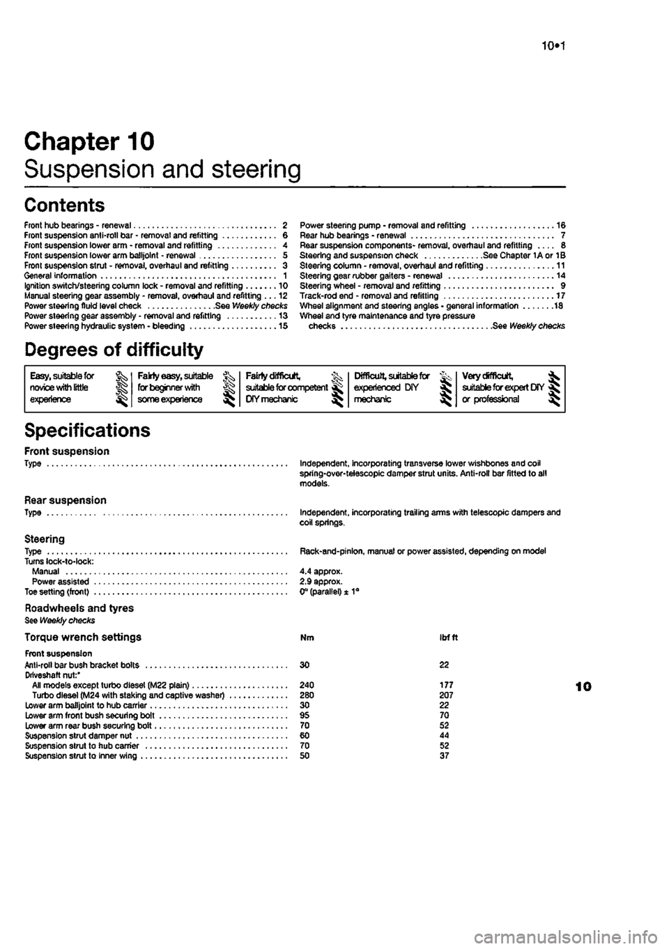 FIAT PUNTO 1998 176 / 1.G User Guide
10*1
Chapter 10
Suspension and steering
Contents
Front hub bearings - renewal 2 Front suspension anti-roll bar • removal and refitting 6 Front suspension lower arm - removal and refitting 4 Fro FIAT PUNTO 1998 176 / 1.G User Guide
10*1
Chapter 10
Suspension and steering
Contents
Front hub bearings - renewal 2 Front suspension anti-roll bar • removal and refitting 6 Front suspension lower arm - removal and refitting 4 Fro
