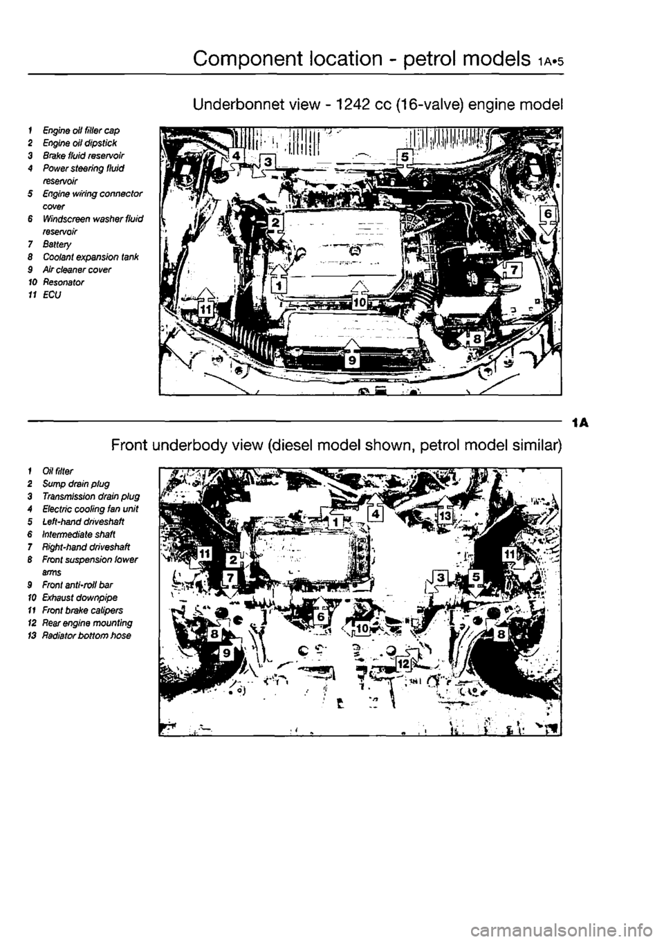 FIAT PUNTO 1998 176 / 1.G Workshop Manual 
Component location - petrol models 1A.5 
Underbonnet view - 1242 cc (16-valve) engine model 
1
 Engine
 olt filler
 cap 
2
 Engine
 oil dipstick 3
 Brake
 fluid
 reservoir 
4
 Power
 steering fluid r