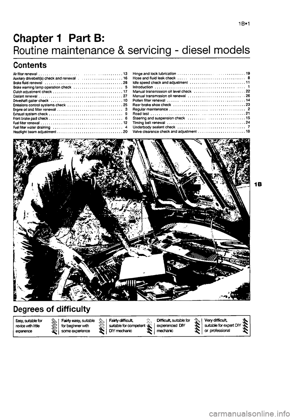 FIAT PUNTO 1995 176 / 1.G Workshop Manual 
1B»1 
Chapter
 1
 Part B: 
Routine maintenance & servicing - diesel models 
Contents 
Air filter renewal 13 Auxiliary drivebelt(s) check and renewal 16 Brake fluid renewal 2d Brake warning lamp oper