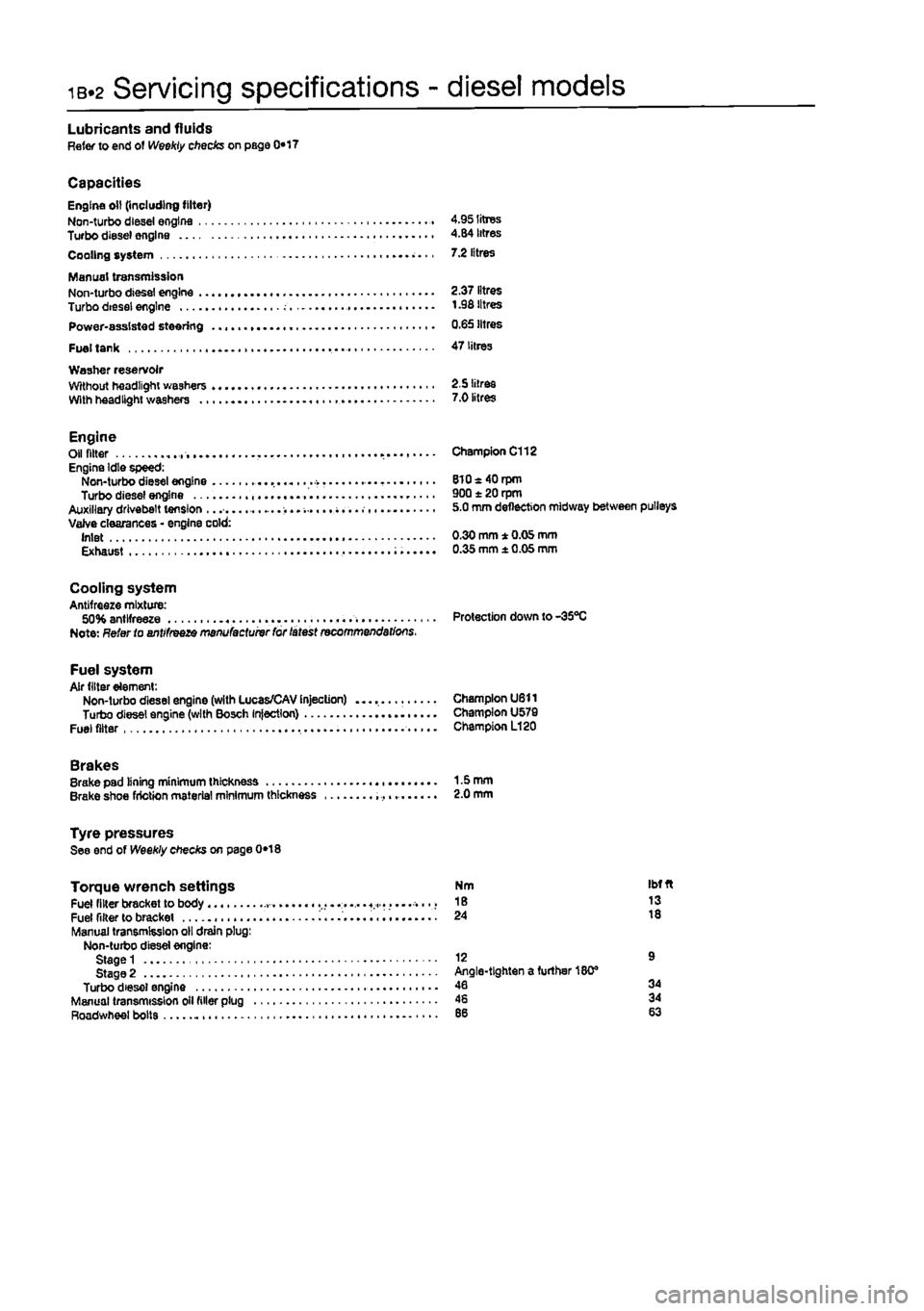 FIAT PUNTO 1995 176 / 1.G Workshop Manual 1B.2
Servicing specifications - diesel models
Lubricants and fluids Refer to end of Weekly checks on page 0*17
Capacities Engine oil (including filter) Non-turbo diesei engine 4.95 litres Turbo die FIAT PUNTO 1995 176 / 1.G Workshop Manual 1B.2
Servicing specifications - diesel models
Lubricants and fluids Refer to end of Weekly checks on page 0*17
Capacities Engine oil (including filter) Non-turbo diesei engine 4.95 litres Turbo die