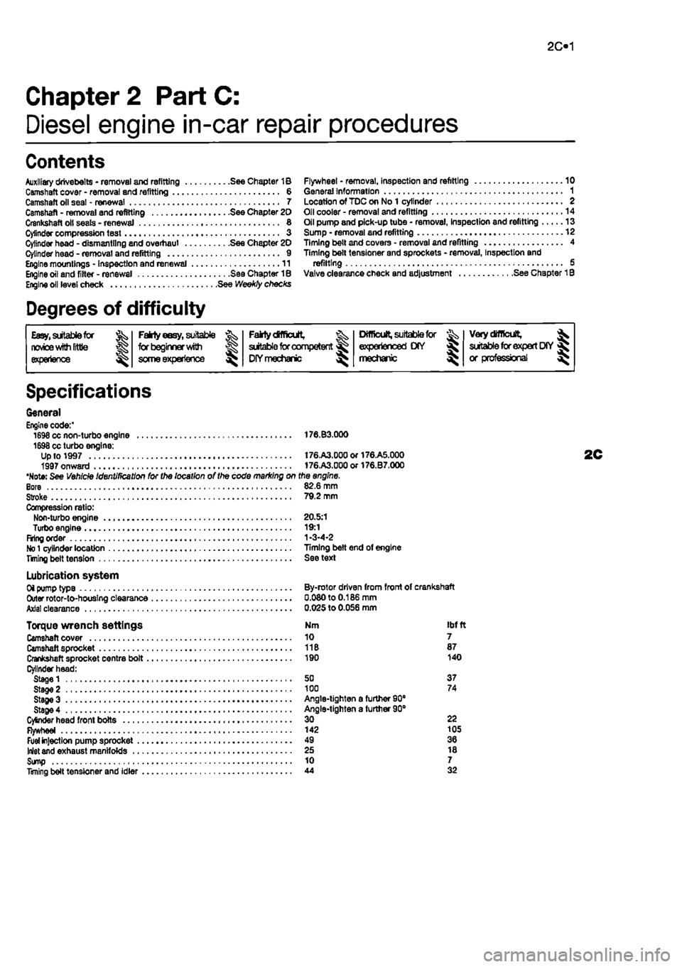 FIAT PUNTO 1995 176 / 1.G Workshop Manual
2C«1
Chapter 2 PartC:
Diesel engine in-car repair procedures
Contents
Auxiliary drivebelts - removal and refitting See Chapter 1B Camshaft cover - removal and refitting 6 Camshaft oil seal - ren FIAT PUNTO 1995 176 / 1.G Workshop Manual
2C«1
Chapter 2 PartC:
Diesel engine in-car repair procedures
Contents
Auxiliary drivebelts - removal and refitting See Chapter 1B Camshaft cover - removal and refitting 6 Camshaft oil seal - ren