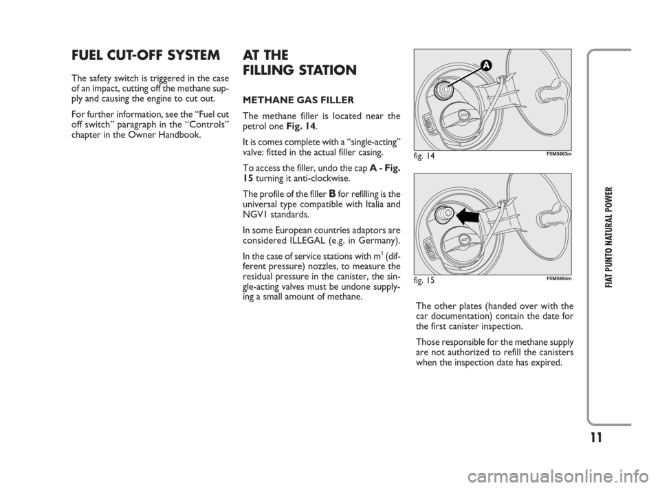 FIAT PUNTO EVO 2009 1.G Natural Power Manual 11
FIAT PUNTO NATURAL POWER
FUEL CUT-OFF SYSTEM
The safety switch is triggered in the case
of an impact, cutting off the methane sup-
ply and causing the engine to cut out.
For further information, se