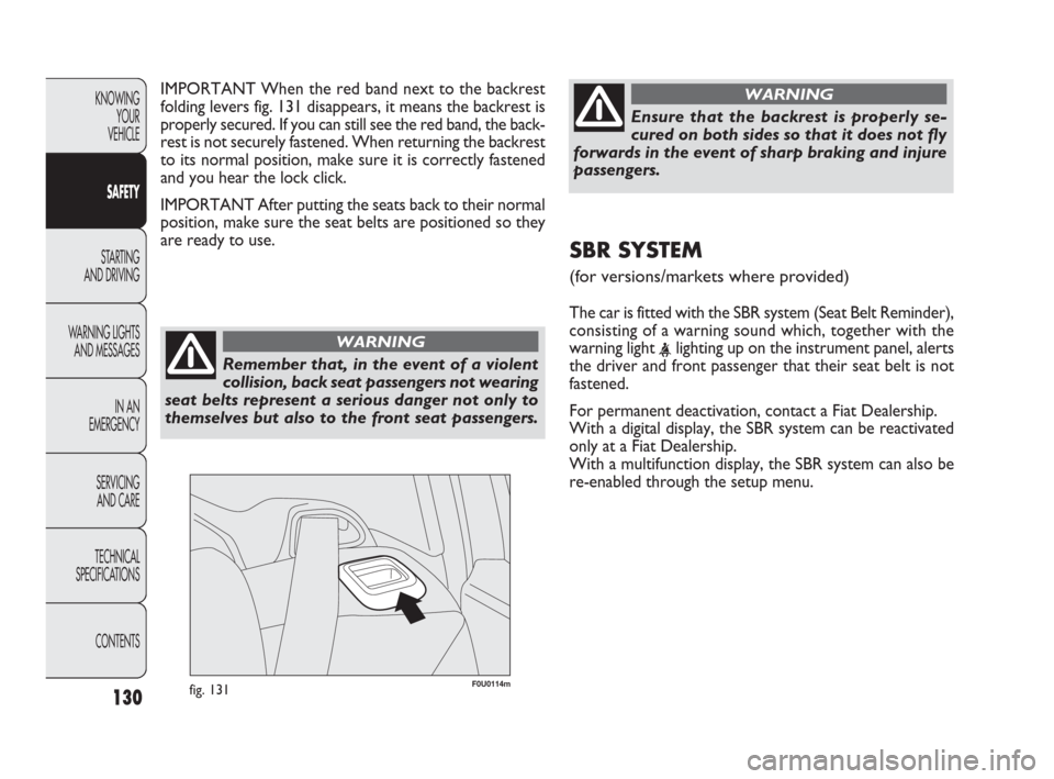 FIAT PUNTO EVO 2009 1.G Owners Manual 130
CONOSCENZA
DELLA
VETTURA
AVVIAMENTO
E GUIDA
SPIE E
MESSAGGI
IN EMERGENZA
MANUTENZIONE
E CURA
DATI TECNICI
INDICE
F0U0114mfig. 131
IMPORTANT When the red band next to the backrest
folding levers fi