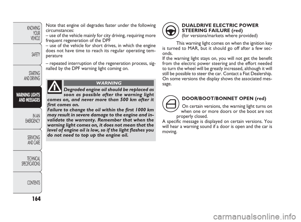 FIAT PUNTO EVO 2009 1.G Owners Manual 164
KNOWING
YOUR
VEHICLE
SAFETY
STARTING 
AND DRIVING
WARNING LIGHTS
AND MESSAGES
IN AN 
EMERGENCY
SERVICING
AND CARE
TECHNICAL
SPECIFICATIONS
CONTENTS
Degraded engine oil should be replaced as
soon a