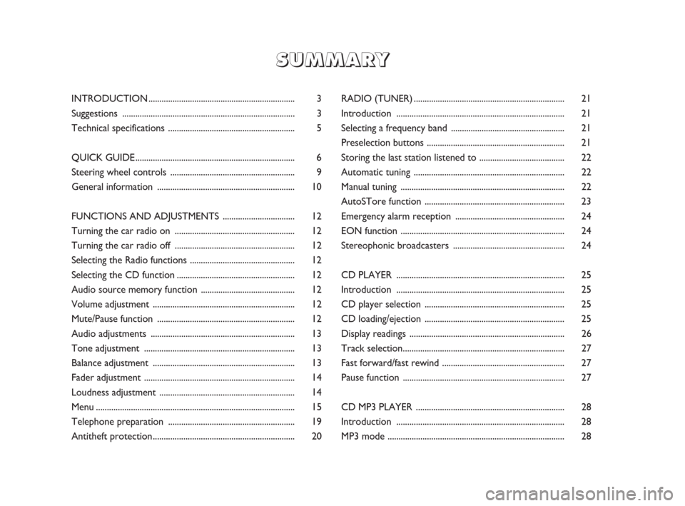 FIAT PUNTO EVO 2009 1.G Radio CD MP3 Manual RADIO (TUNER)..................................................................... 21
Introduction ............................................................................. 21
Selecting a frequenc