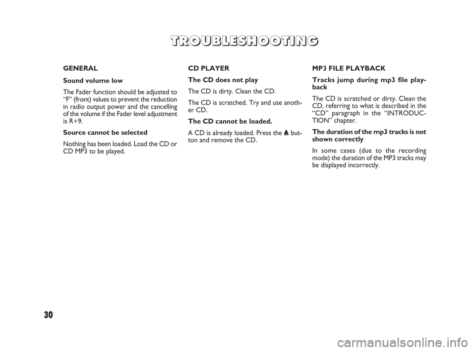FIAT PUNTO EVO 2009 1.G Radio CD MP3 Manual 30
GENERAL
Sound volume low 
The Fader function should be adjusted to
“F” (front) values to prevent the reduction
in radio output power and the cancelling
of the volume if the Fader level adjustme