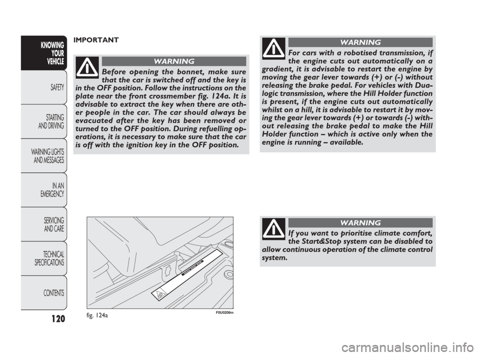 FIAT PUNTO EVO 2010 1.G User Guide 120
KNOWING
YOUR
VEHICLE
SAFETY
STARTING 
AND DRIVING
WARNING LIGHTS
AND MESSAGES
IN AN 
EMERGENCY
SERVICING
AND CARE
TECHNICAL
SPECIFICATIONS
CONTENTS
F0U0206mfig. 124a
IMPORTANT
Before opening the b