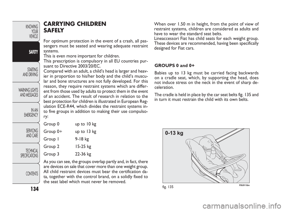 FIAT PUNTO EVO 2010 1.G Owners Manual 134
F0U0118mfig. 135
When over 1.50 m in height, from the point of view of
restraint systems, children are considered as adults and
have to wear the standard seat belts.
Lineaccessori Fiat has child s