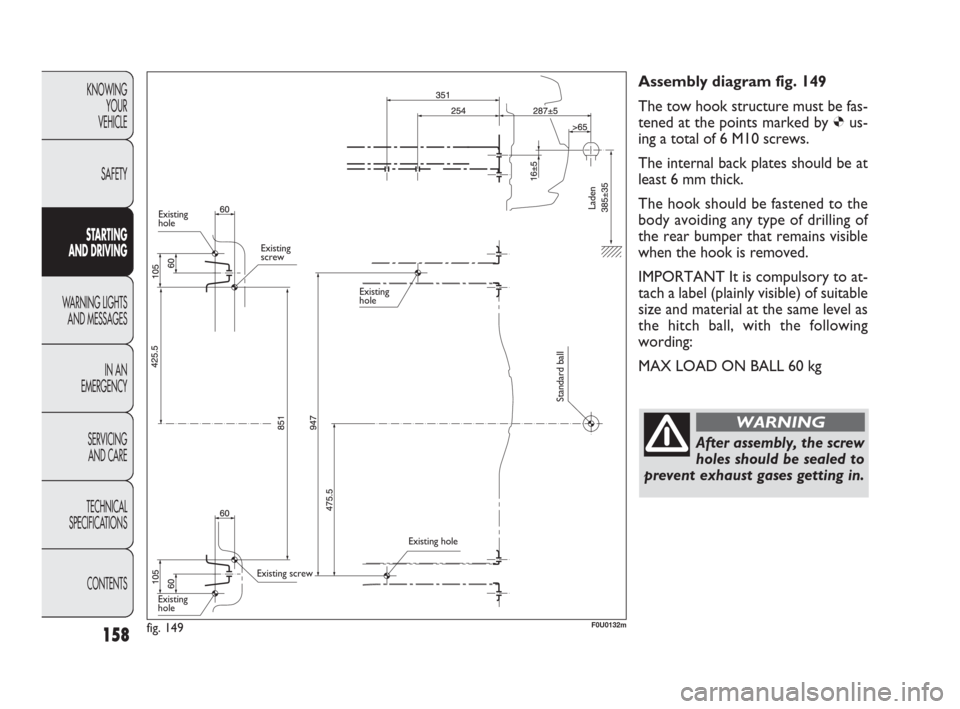 FIAT PUNTO EVO 2010 1.G Owners Manual 158
KNOWING
YOUR
VEHICLE
SAFETY
STARTING
AND DRIVING
WARNING LIGHTS
AND MESSAGES
IN AN
EMERGENCY
SERVICING
AND CARE
TECHNICAL
SPECIFICATIONS
CONTENTS
Assembly diagram fig. 149
The tow hook structure FIAT PUNTO EVO 2010 1.G Owners Manual 158
KNOWING
YOUR
VEHICLE
SAFETY
STARTING
AND DRIVING
WARNING LIGHTS
AND MESSAGES
IN AN
EMERGENCY
SERVICING
AND CARE
TECHNICAL
SPECIFICATIONS
CONTENTS
Assembly diagram fig. 149
The tow hook structure