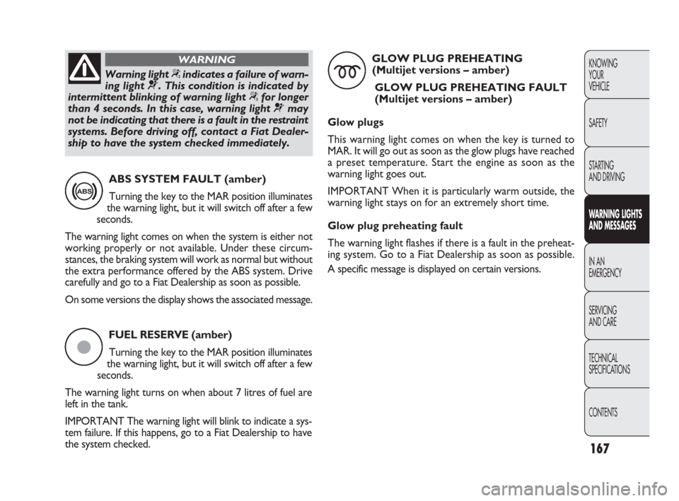 FIAT PUNTO EVO 2010 1.G Owners Manual 167
KNOWING
YOUR
VEHICLE
SAFETY
STARTING 
AND DRIVING
WARNING LIGHTS
AND MESSAGES
IN AN 
EMERGENCY
SERVICING
AND CARE
TECHNICAL
SPECIFICATIONS
CONTENTS
FUEL RESERVE (amber)
Turning the key to the MAR 