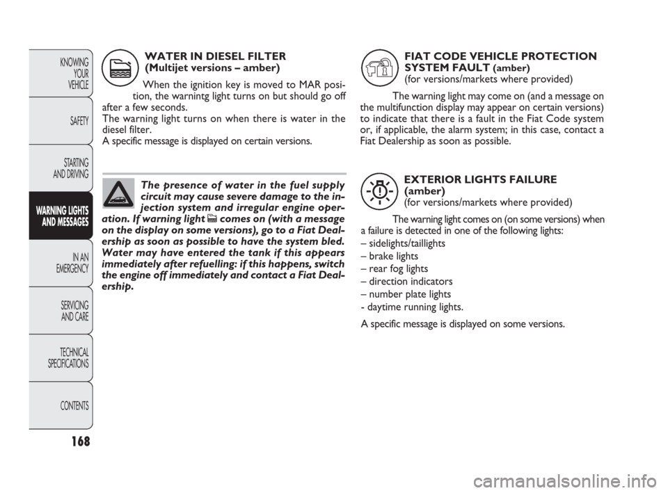 FIAT PUNTO EVO 2010 1.G Owners Manual 168
KNOWING
YOUR
VEHICLE
SAFETY
STARTING 
AND DRIVING
WARNING LIGHTS
AND MESSAGES
IN AN 
EMERGENCY
SERVICING
AND CARE
TECHNICAL
SPECIFICATIONS
CONTENTS
EXTERIOR LIGHTS FAILURE
(amber)
(for versions/ma