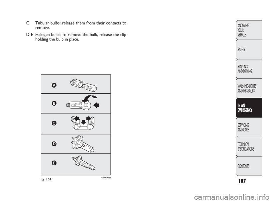 FIAT PUNTO EVO 2010 1.G Owners Manual 187
KNOWING
YOUR
VEHICLE
SAFETY
STARTING 
AND DRIVING
WARNING LIGHTS
AND MESSAGES
IN AN 
EMERGENCY
SERVICING
AND CARE
TECHNICAL
SPECIFICATIONS
CONTENTS
C Tubular bulbs: release them from their contact