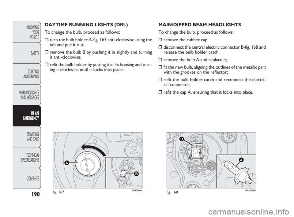 FIAT PUNTO EVO 2010 1.G Owners Manual 190
F0U0250mfig. 167
DAYTIME RUNNING LIGHTS (DRL)
To change the bulb, proceed as follows:
❒turn the bulb holder A-fig. 167 anti-clockwise using the
tab and pull it out;
❒remove the bulb B by pushi FIAT PUNTO EVO 2010 1.G Owners Manual 190
F0U0250mfig. 167
DAYTIME RUNNING LIGHTS (DRL)
To change the bulb, proceed as follows:
❒turn the bulb holder A-fig. 167 anti-clockwise using the
tab and pull it out;
❒remove the bulb B by pushi
