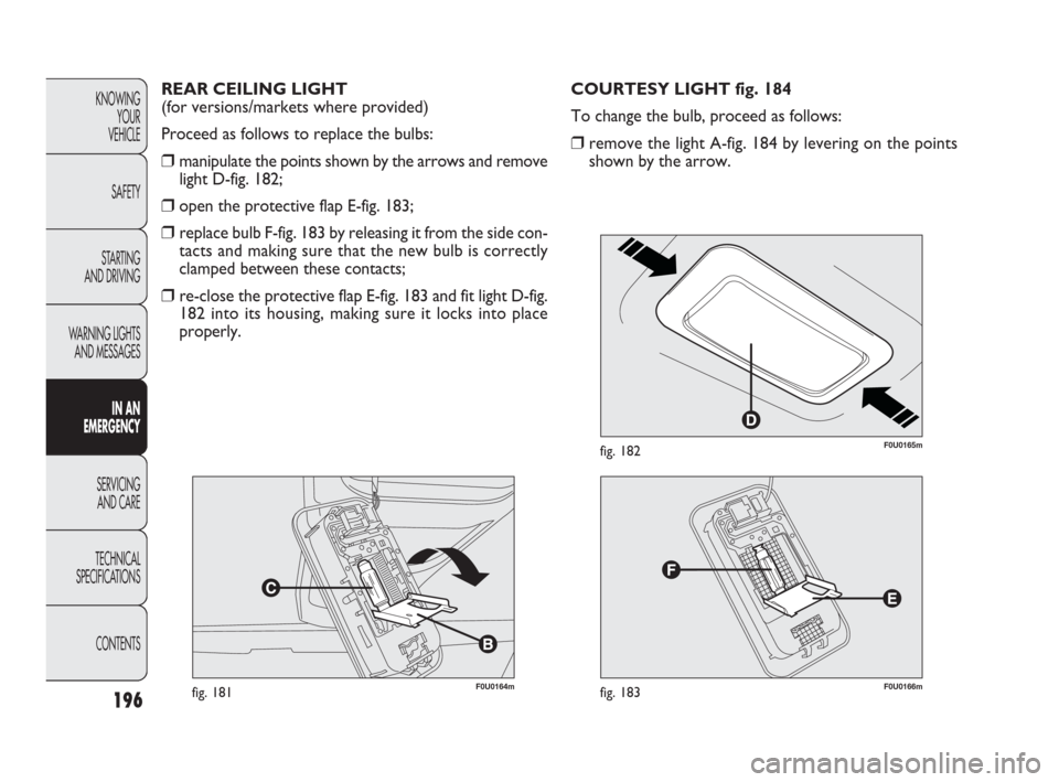 FIAT PUNTO EVO 2010 1.G User Guide F0U0164mfig. 181
REAR CEILING LIGHT 
(for versions/markets where provided)
Proceed as follows to replace the bulbs:
❒manipulate the points shown by the arrows and remove
light D-fig. 182;
❒open th