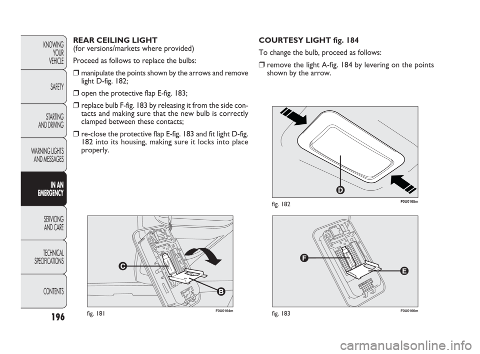 FIAT PUNTO EVO 2010 1.G Owners Manual F0U0164mfig. 181
REAR CEILING LIGHT
(for versions/markets where provided)
Proceed as follows to replace the bulbs:
❒manipulate the points shown by the arrows and remove
light D-fig. 182;
❒open th FIAT PUNTO EVO 2010 1.G Owners Manual F0U0164mfig. 181
REAR CEILING LIGHT
(for versions/markets where provided)
Proceed as follows to replace the bulbs:
❒manipulate the points shown by the arrows and remove
light D-fig. 182;
❒open th