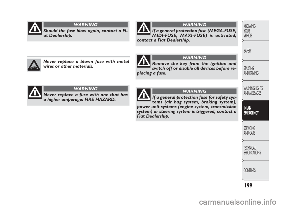 FIAT PUNTO EVO 2010 1.G Owners Manual 199
KNOWING
YOUR
VEHICLE
SAFETY
STARTING 
AND DRIVING
WARNING LIGHTS
AND MESSAGES
IN AN 
EMERGENCY
SERVICING
AND CARE
TECHNICAL
SPECIFICATIONS
CONTENTS
Never replace a blown fuse with metal
wires or o