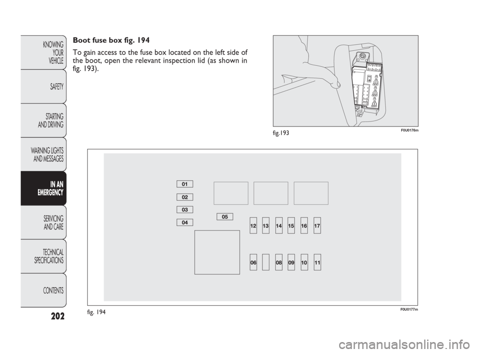 FIAT PUNTO EVO 2010 1.G Owners Manual F0U0176mfig.193
F0U0177mfig. 194
Boot fuse box fig. 194
To gain access to the fuse box located on the left side of
the boot, open the relevant inspection lid (as shown in
fig. 193).
202
KNOWING
YOUR
V FIAT PUNTO EVO 2010 1.G Owners Manual F0U0176mfig.193
F0U0177mfig. 194
Boot fuse box fig. 194
To gain access to the fuse box located on the left side of
the boot, open the relevant inspection lid (as shown in
fig. 193).
202
KNOWING
YOUR
V