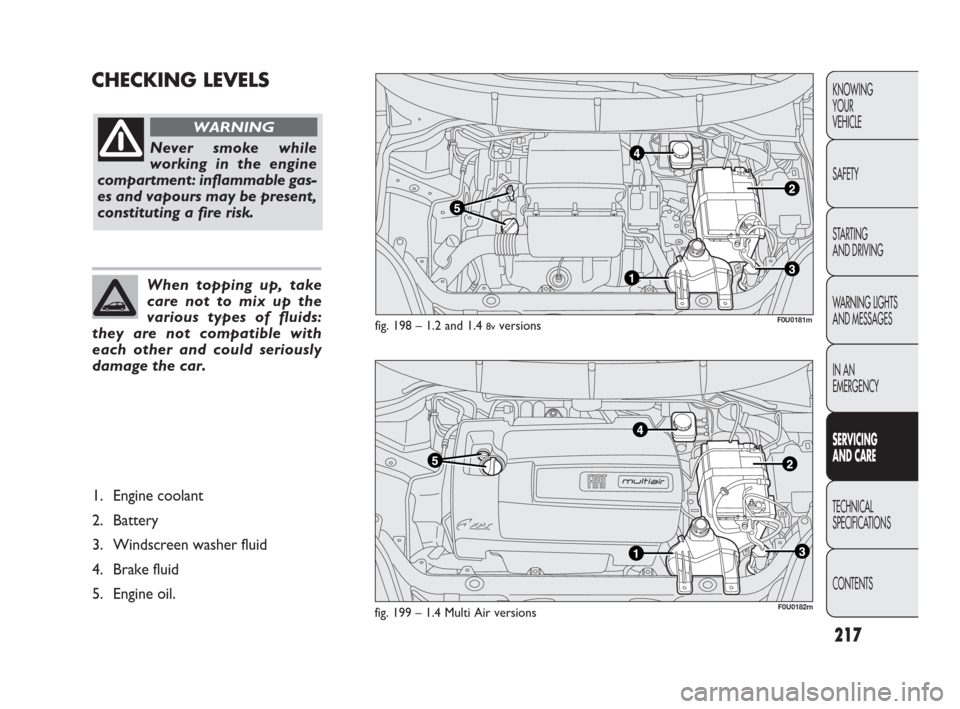 FIAT PUNTO EVO 2010 1.G Owners Manual 217
CHECKING LEVELSKNOWING
YOUR
VEHICLE
SAFETY
STARTING
AND DRIVING
WARNING LIGHTS
AND MESSAGES
IN AN
EMERGENCY
SERVICING
AND CARE
TECHNICAL
SPECIFICATIONS
CONTENTS
fig. 198 – 1.2 and 1.4 8vversi FIAT PUNTO EVO 2010 1.G Owners Manual 217
CHECKING LEVELSKNOWING
YOUR
VEHICLE
SAFETY
STARTING
AND DRIVING
WARNING LIGHTS
AND MESSAGES
IN AN
EMERGENCY
SERVICING
AND CARE
TECHNICAL
SPECIFICATIONS
CONTENTS
fig. 198 – 1.2 and 1.4 8vversi