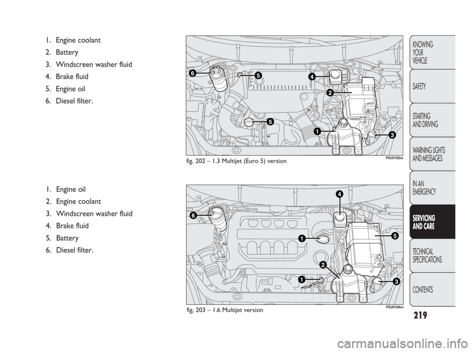 FIAT PUNTO EVO 2010 1.G Owners Manual 219
KNOWING
YOUR
VEHICLE
SAFETY
STARTING
AND DRIVING
WARNING LIGHTS
AND MESSAGES
IN AN
EMERGENCY
SERVICING
AND CARE
TECHNICAL
SPECIFICATIONS
CONTENTS
1. Engine oil
2. Engine coolant
3. Windscreen w FIAT PUNTO EVO 2010 1.G Owners Manual 219
KNOWING
YOUR
VEHICLE
SAFETY
STARTING
AND DRIVING
WARNING LIGHTS
AND MESSAGES
IN AN
EMERGENCY
SERVICING
AND CARE
TECHNICAL
SPECIFICATIONS
CONTENTS
1. Engine oil
2. Engine coolant
3. Windscreen w