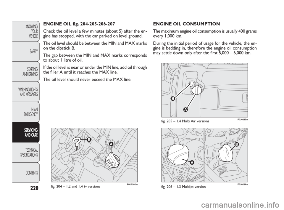 FIAT PUNTO EVO 2010 1.G Owners Manual 220
KNOWING
YOUR
VEHICLE
SAFETY
STARTING 
AND DRIVING
WARNING LIGHTS
AND MESSAGES
IN AN 
EMERGENCY
SERVICING 
AND CARE
TECHNICAL
SPECIFICATIONS
CONTENTS
F0U0282mfig. 204 – 1.2 and 1.4 8vversions
ENG