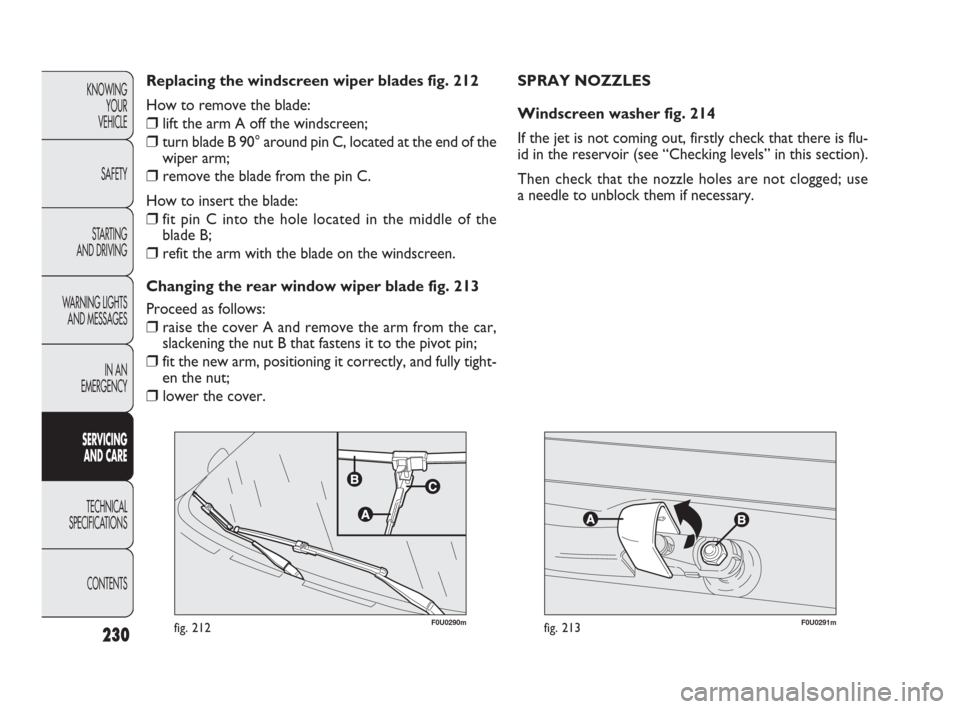 FIAT PUNTO EVO 2010 1.G Owners Manual F0U0291mfig. 213
SPRAY NOZZLES
Windscreen washer fig. 214
If the jet is not coming out, firstly check that there is flu-
id in the reservoir (see “Checking levels” in this section).
Then check tha FIAT PUNTO EVO 2010 1.G Owners Manual F0U0291mfig. 213
SPRAY NOZZLES
Windscreen washer fig. 214
If the jet is not coming out, firstly check that there is flu-
id in the reservoir (see “Checking levels” in this section).
Then check tha