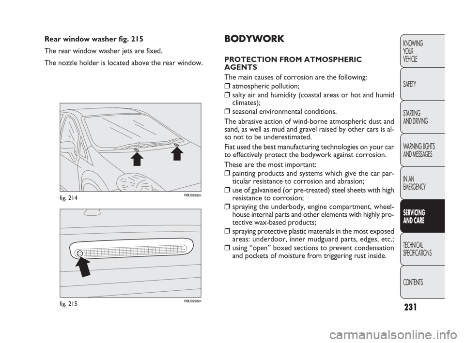 FIAT PUNTO EVO 2010 1.G User Guide 231
F0U0293mfig. 215
F0U0292mfig. 214
Rear window washer fig. 215
The rear window washer jets are fixed.
The nozzle holder is located above the rear window.KNOWING
YOUR
VEHICLE
SAFETY
STARTING 
AND DR