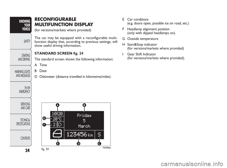 FIAT PUNTO EVO 2010 1.G Owners Manual 24
KNOWING
YOUR
VEHICLE
SAFETY
STARTING 
AND DRIVING
WARNING LIGHTS
AND MESSAGES
IN AN 
EMERGENCY
SERVICING
AND CARE
TECHNICAL
SPECIFICATIONS
CONTENTS
fig. 24F0U2050g
RECONFIGURABLE
MULTIFUNCTION DISP