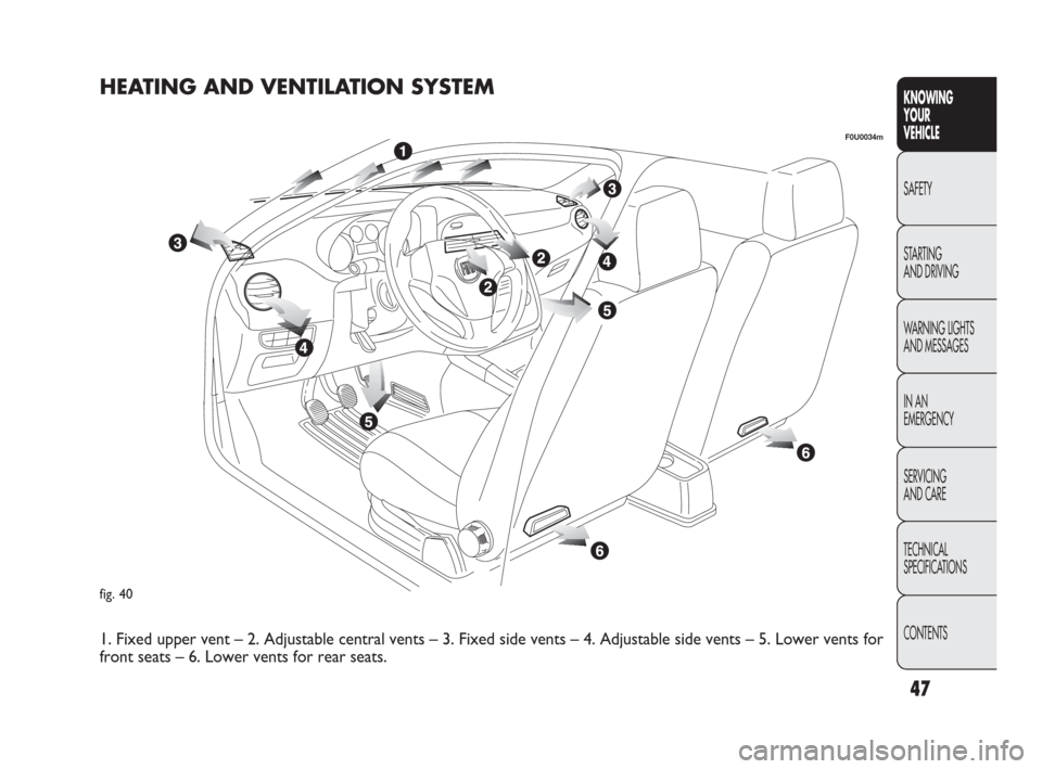 FIAT PUNTO EVO 2010 1.G Service Manual fig. 40
HEATING AND VENTILATION SYSTEM
1. Fixed upper vent – 2. Adjustable central vents – 3. Fixed side vents – 4. Adjustable side vents – 5. Lower vents for
front seats – 6. Lower vents f FIAT PUNTO EVO 2010 1.G Service Manual fig. 40
HEATING AND VENTILATION SYSTEM
1. Fixed upper vent – 2. Adjustable central vents – 3. Fixed side vents – 4. Adjustable side vents – 5. Lower vents for
front seats – 6. Lower vents f