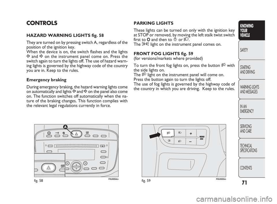FIAT PUNTO EVO 2010 1.G Owners Manual 71
F0U0054mfig. 58F0U0055mfig. 59
PARKING LIGHTS
These lights can be turned on only with the ignition key
at STOP or removed, by moving the left stalk twist switch
first to 
Oand then to 
6or 2.
The 3