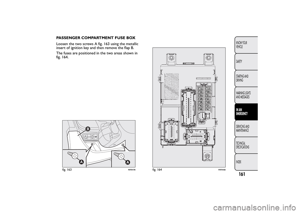 FIAT QUBO 2014 1.G Owners Manual PASSENGER COMPARTMENT FUSE BOX
Loosen the two screws A fig. 163 using the metallic
insert of ignition key and then remove the flap B.
The fuses are positioned in the two areas shown in
fig. 164.
fig. 